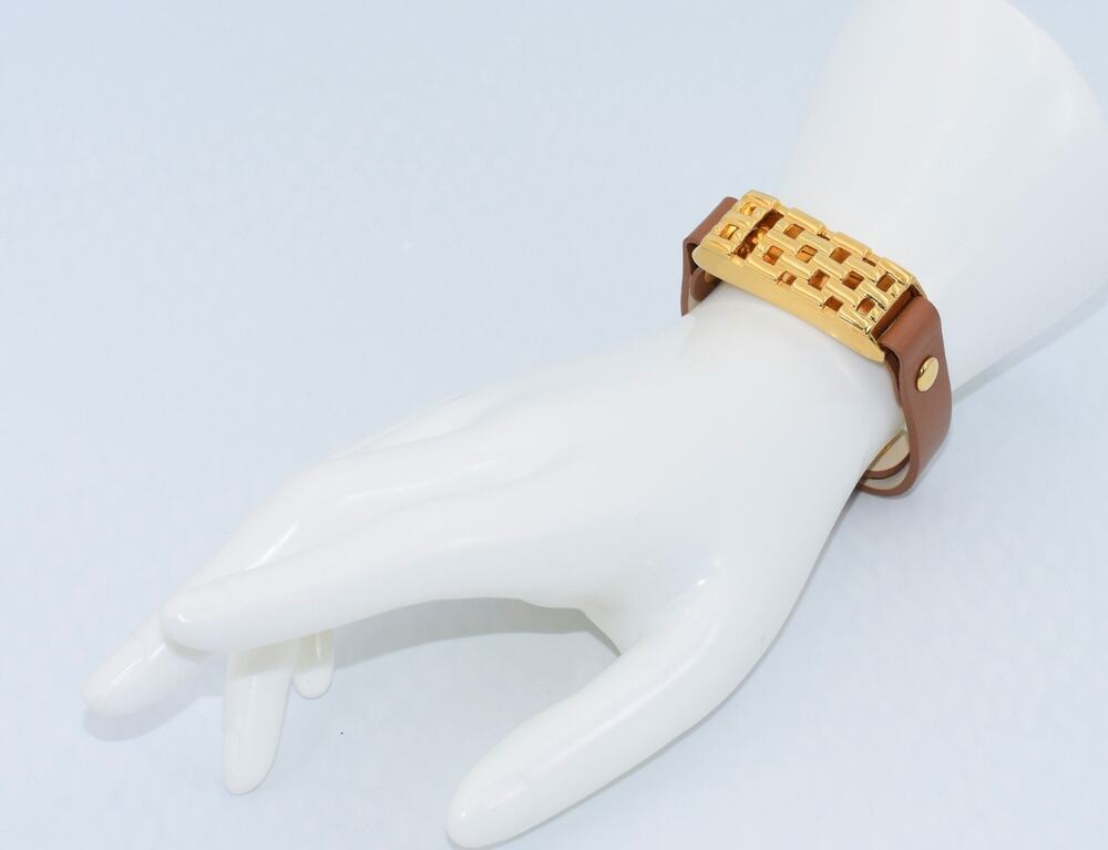 BALENCIAGA Brown Leather Band Gold Tone Locket Box Bracelet